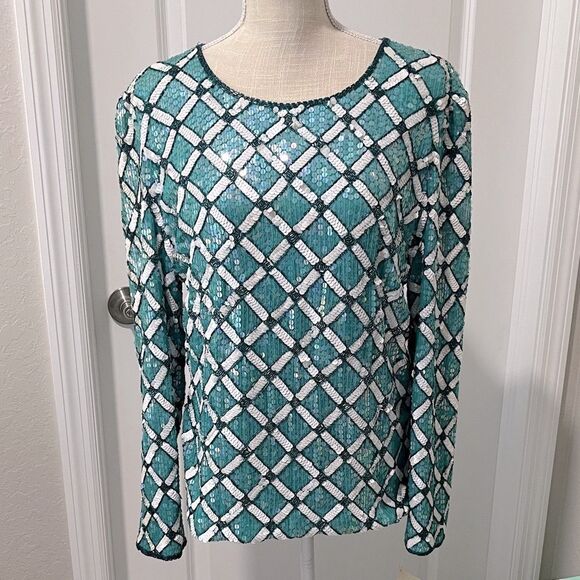 Talbots Tops - Talbots Joan Leslie  Teal and Silver Silk Sequin Blouse Vintage NWT w Repair Kit